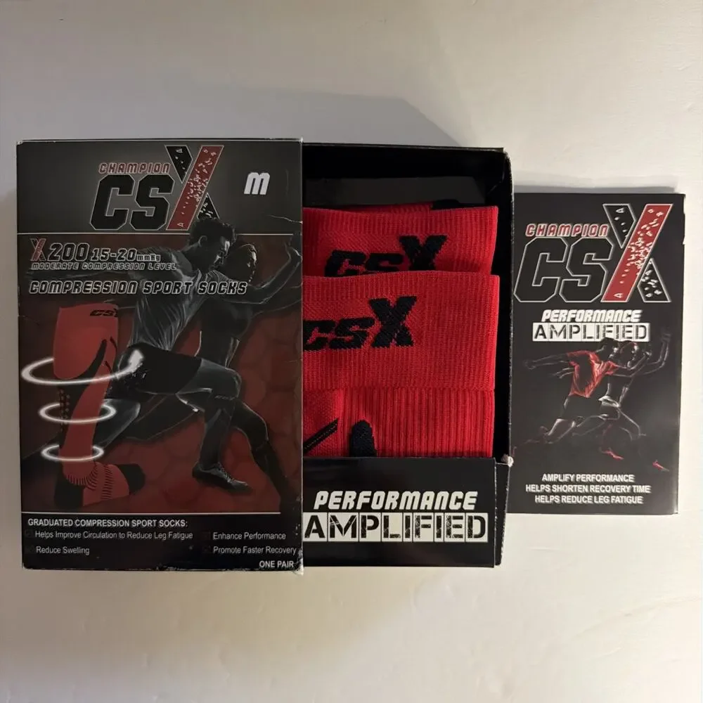 Champion CSX x200BR-M Compression Sport Socks 15-20mmHg Black Red Medium Gift